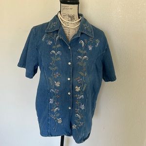 Vintage 24 Karat Denim Floral Embroidered Top Sz M